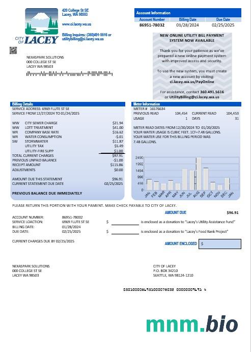 USA Washington City of Lacey water rachunek za usługi komunalne szablon w formacie Word i PDF (dowód adresu)